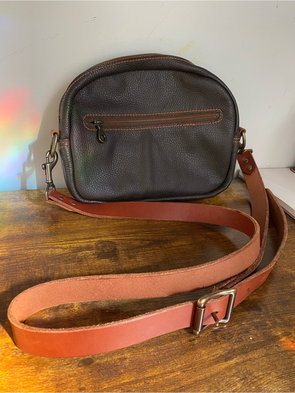 Classic Unisex Leather Crossbody Bag in Dark Brown Pebbled Leather Tan Strap